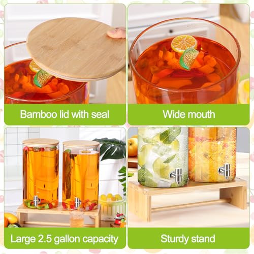 Honeydak 2 Pack 1.5 Gallon Glass Drink Dispensers for Parties, Beverage Dispenser with Stand Stainless Steel Spigot Bamboo...