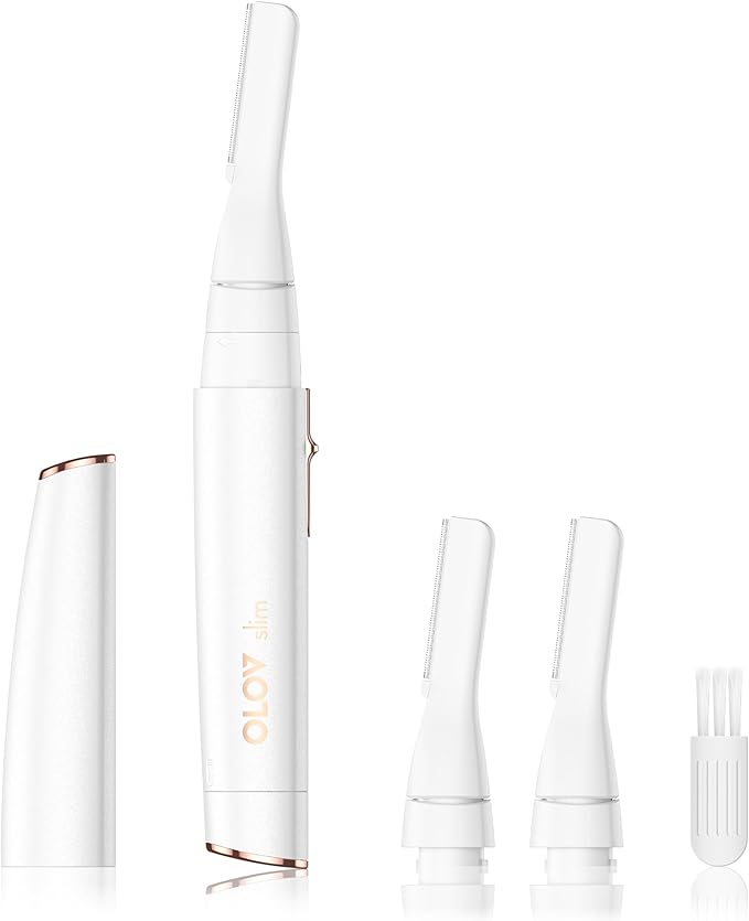 Facial Hair Removal for Women, Painless Eyebrow Trimmer with Pivoting Head, Electric Battery Operated Body Hair Remover with 2 Replaceable Blade for Face Neck Chin Bikini, White