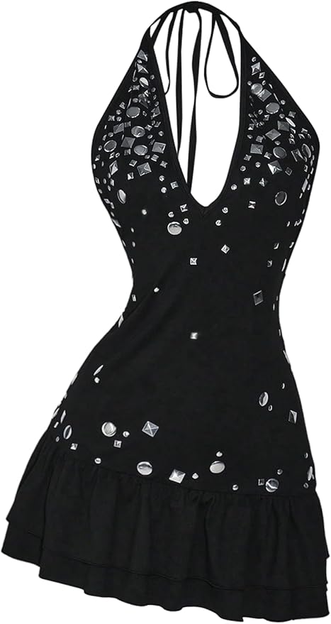 MakeMeChic Women's Halter Mini Dress Sparkly Ruffle Tiered Sleeveless Tie Back Fall Y2K Clothes Rave Outfit