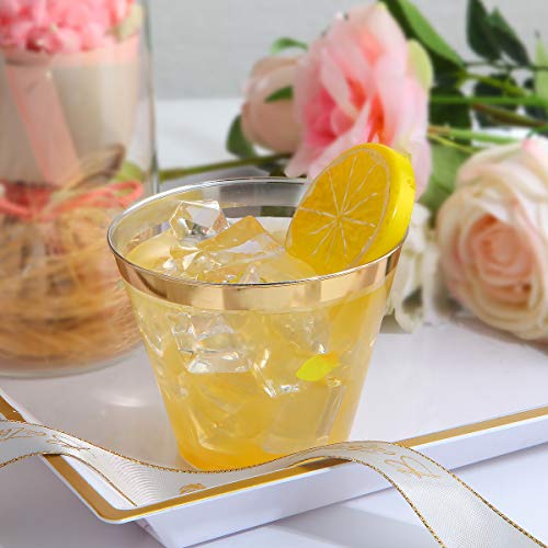 I00000 200 Pack Gold Plastic Cups, 9 Oz Elegant Clear Plastic Cups Gold Rimmed Disposable Wine Glasses Fancy Disposable Pa...