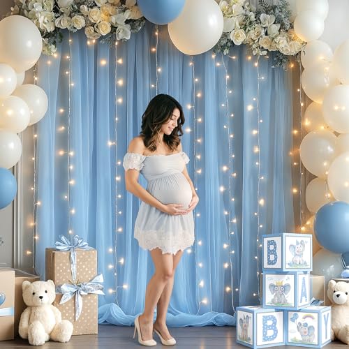 10x10FT Blue Wrinkle Free Backdrop Curtains with Lights String for Parties - Photo Curtain Backdrop with Lights for Weddin...
