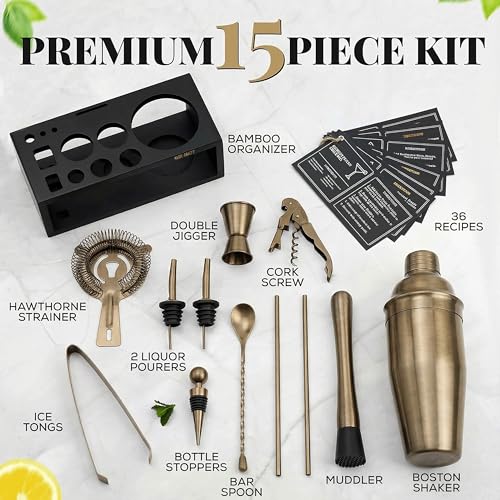 Brushed Brass Mixology Kit - 15 Piece Bar Tool Set, Silver Bar Set Cocktail Shaker Set for Drink Mixing - Includes Martini...