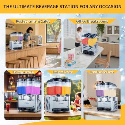 FSKEKU Dual-Tank Commercial Beverage Dispenser, 36L (9.5 Gal) Total, Black Refrigerated Juice Drink Machine, Stainless Ste...