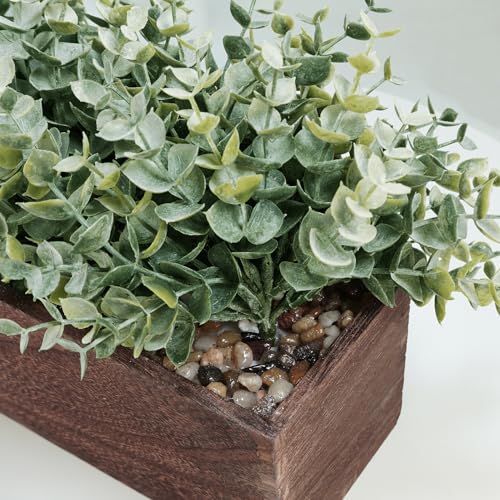 Winlyn 14" Artificial Eucalyptus in Rectangular Wood Planter Box Faux Plants Arrangement Centerpiece Wooden Potted Eucalyp...
