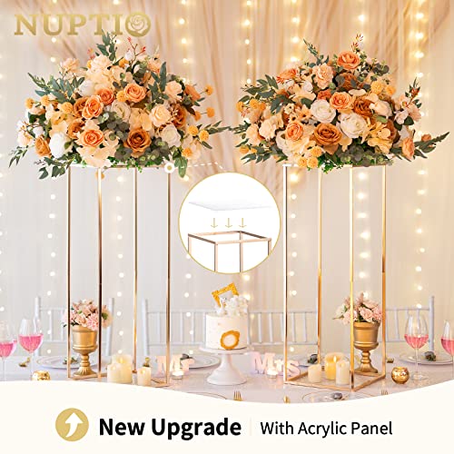 Nuptio Gold Vases for Centerpieces Wedding with Acrylic Panel - 2 Pcs 31.5 inch Tall Metal Flower Vase Flowers Stand - Ele...
