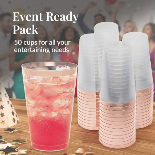 50 Pack Disposable Plastic Cups by Prestee - 14 oz Rose Gold Rimmed Plastic Wine Glasses - Heavy Duty, Pink Rim Cup - Disp...