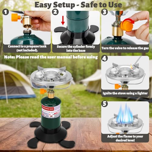 Propane Camping Stove, Portable Backpacking Stove with Adjustable Burner, Stable Camp Gas Stove for Outdoor Cooking, Singl...