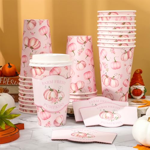 JarThenaAMCS 48 Set Fall Little Pumpkin Disposable Coffee Cups with Lids and Sleeves Pink Pumpkin Flower Paper Cups Fall D...