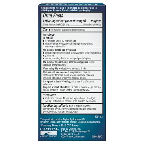 Unisom Nighttime Sleep-Aid Gels, Diphenhydramine HCI 50mg, 100 Count, 2 pk