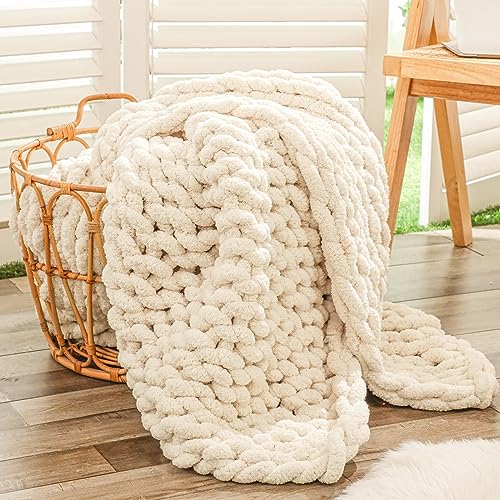 Bigacogo Chunky Knit Throw Blanket for Couch, 40x60 inches, 100% Hand Knitted with Thick Jumbo Chenille Yarn, Cozy Soft La...