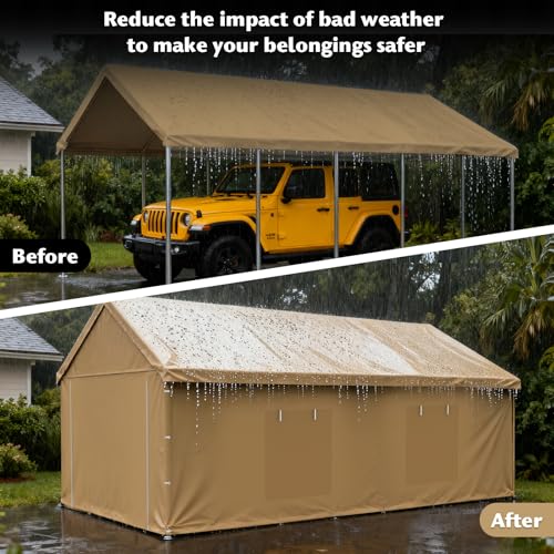 10x20FT Carport Canopy Front/Back Panel Entrance Door Tarp with Zippers, Waterproof & UV Protected Replacement Sidewall Co...