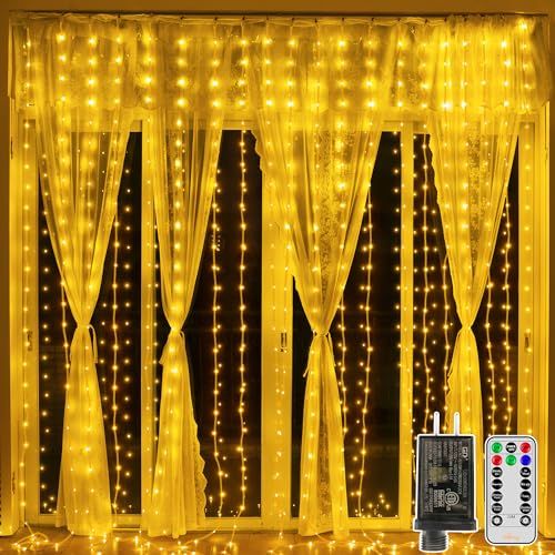 Ollny Curtain Lights 300LED 9.8ftx9.8ft, Connectable IP67 Waterproof Outdoor Curtain String Lights with Remote, Plug-in Un...