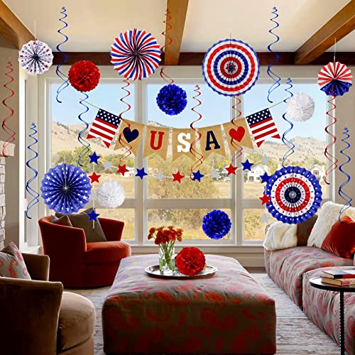 26Pcs Patriotic Decorations 4th of July Decorations LOVE USA Banner Red White Blue Paper Fans Star Streamer Pom Poms Hangi...