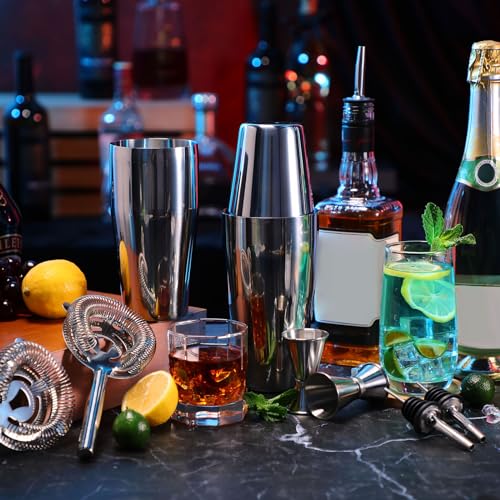 FoldTier 15 Pcs Cocktail Shaker Set Bartender Kit Boston Shaker Professional Bar Gifts with 18oz and 28oz Stainless Steel ...