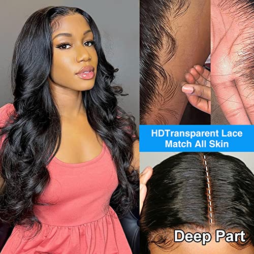 Sunelk 18 Inch Lace Front Wigs Human Hair Pre Plucked 13x4 Body Wave HD Lace Front Wigs Human Hair 180 Density Brazilian Virgin Hair Glueless Wigs Human Hair for Women Natural Black Color