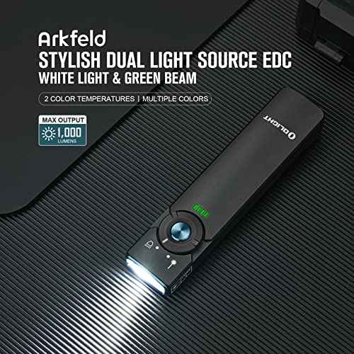 OLIGHT Arkfeld EDC Flat Flashlight, 1000 Lumens White LED Light with Green Beam Combo, Power by Rechargeable Built-in Battery for Outdoors, Emergency, Work (Black CW)