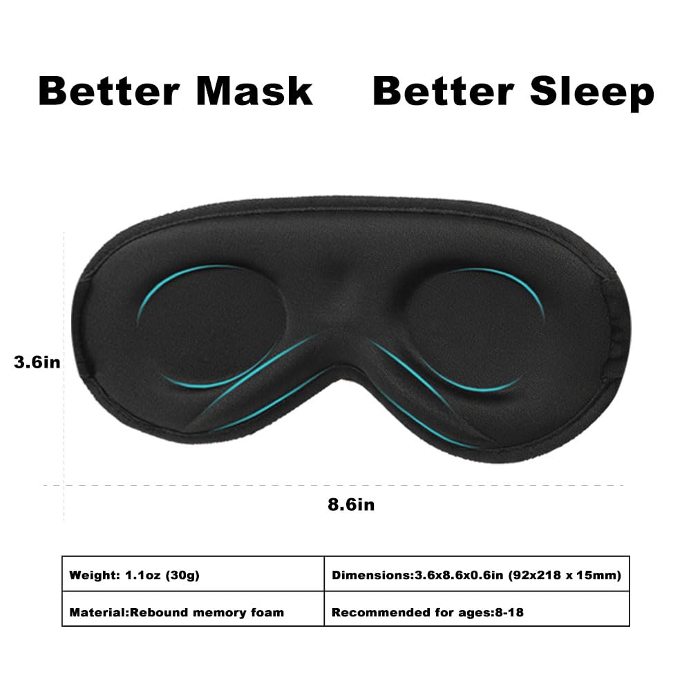 3D Sleep Mask for Kids & Teens (8-18 Years), Zero Pressure & Blackout Eye Cover - Soft Breathable, Adjustable for Travel, Night Use & Deep Sleep
