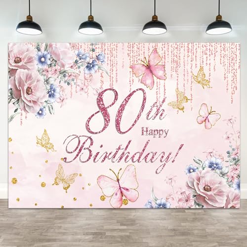ASDCXZ 5x3ft Happy 80th Birthday Backdrop for Women Flowers Photography Background Pink Floral Golden Butterfly Grandma 80...