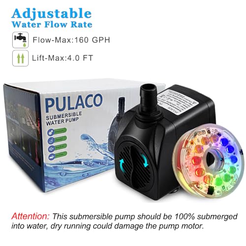 PULACO 160GPH Small Fountain Pump, 10Watt Submersible Pump with Automatic Color Changing LED Light and 3.3 ft Tubing for W...