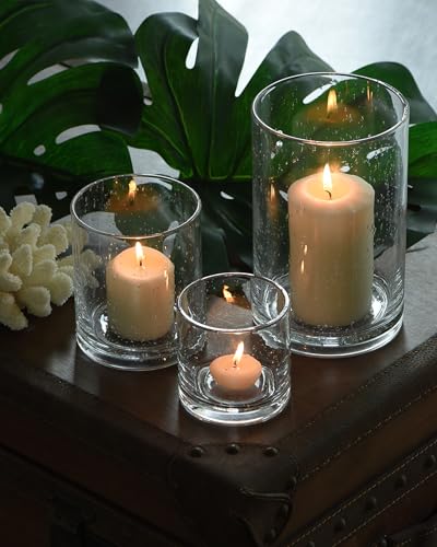 ARIAMOTION Hurricane Glass Candle Holders Set, Pillar Votive,Clear Seeded Bubbles Cylinder Vase,Modern Rustic Table Center...