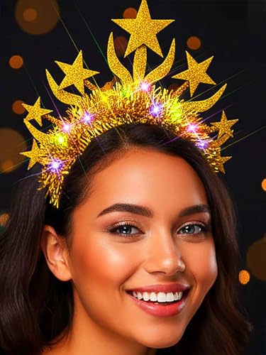 Yokawe Light Up Star Headband,Gold Tinsel Costume Hair Accessory for Rave Party