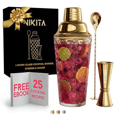 Glass Cocktail Shaker Set - 5 Piece - Gold Martini Shaker Set with Strainer, Jigger, Spoon & Muddler - 16 oz Drink Shakers...