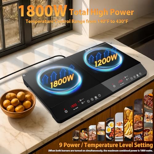 JollyOne Double Burner Induction Cooktop, 1800W Portable Induction Cooktop 2 Burner with 9 Temp & Power Independent Touch ...