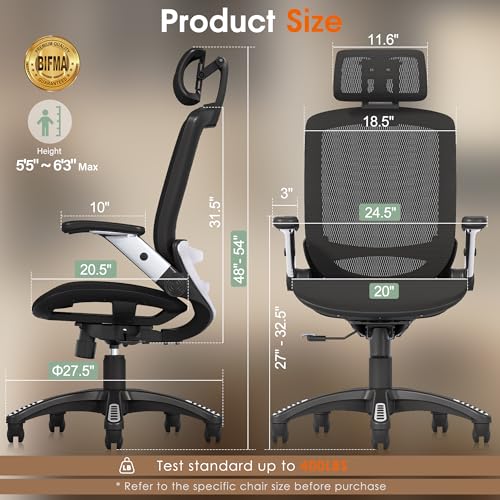 GABRYLLY Ergonomic Office Chair, High Back Home Desk Chair with Headrest, Flip-Up Arms, 90-120° Tilt Lock and Wide Cushio...