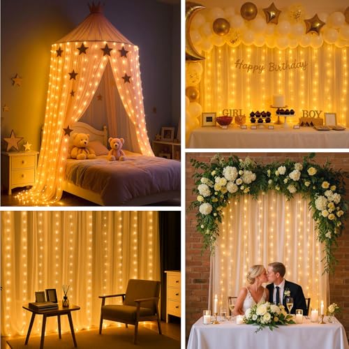 DomeStar 300 LED Curtain Lights for Bedroom, 9.8 x 9.8 FT Battery Operated Christmas Fairy Lights with 8 Modes Remote Chri...