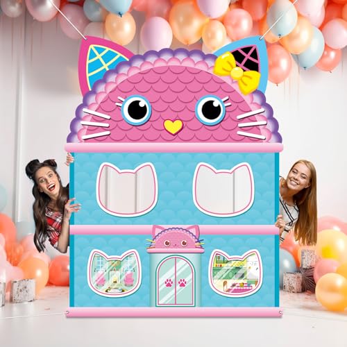 5x4Ft Cartoon Cat House Themed Backdrop Cartoon Doll Theme Birthday Party Decorations Cute Cat Photo Booth Banner Props Ki...
