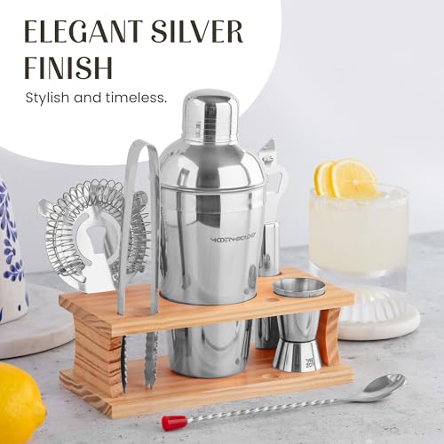 Modern Mixology Cocktail Shaker Set - 8 Piece Bartender Kit on Quality Pine Stand | Complete Cocktail Kit Gift Set | Top B...