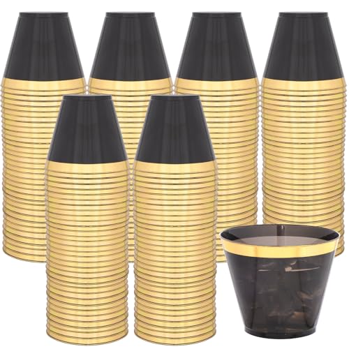 supernal 200 Pcs Gold and Black Plastic Cups-9oz Heavy Duty Plastic Cups,Gold Rimmed Disposable Cups,Disposable Wine Glass...