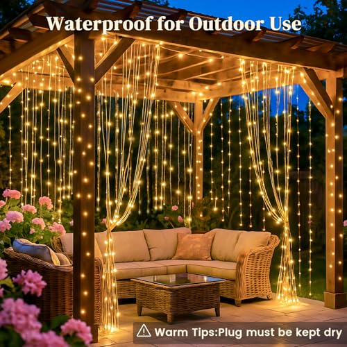 DomeStar 300 LED Curtain Lights for Bedroom, 9.8 x 9.8 FT Battery Operated Christmas Fairy Lights with 8 Modes Remote Chri...