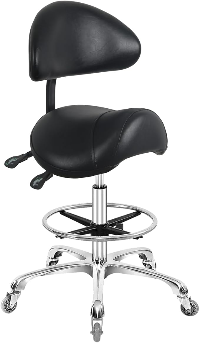 Nazalus Saddle Stool Chair with Back Support Footrest, Heavy-Duty(350LBS), Hydraulic Rolling Swivel Adjustable Stool Chair for Salon Spa Beauty Massage Dental Clinic Home Office Use(Black)