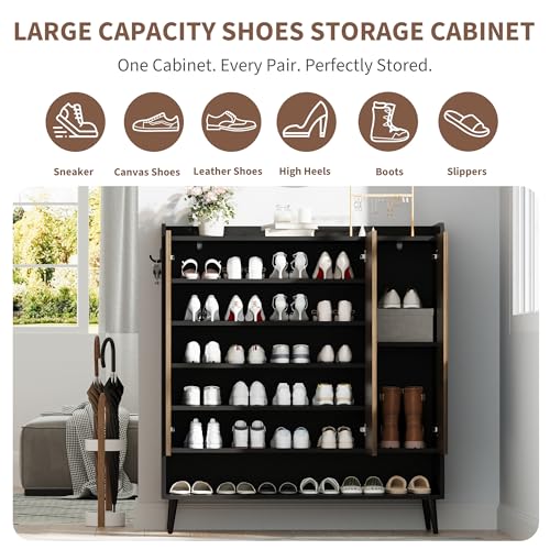 GarveeHome Shoe Cabinet，Large Shoe Cabinet with 3 Doors,Adjustable Shelves, Shoe Organizer with Doors for Hallway, Entryway, Living Room,Black+Nut-Brown