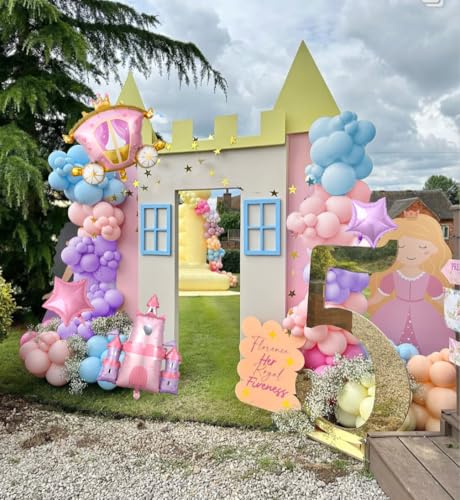 PageebO Princess Balloon Garland Arch, 154Pcs Pastel Blue Pink Purple Gold Balloons with Castle Carriage Star Foil Balloon...