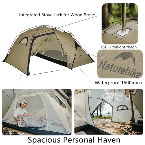 Naturehike 1/2 Person Hot Tent with Stove Jack, Ultralight Waterproof Windproof 4 Season Tent, Easy Setup Portable Backpac...