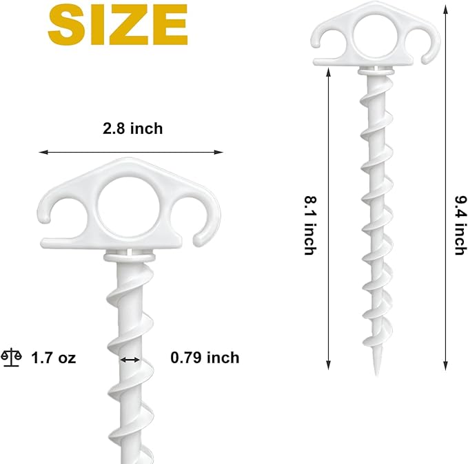 COBARYEN Tent Stakes Ground Anchors Screw in, 6 Pack Sand Stakes for Beach 9.4 Inch Heavy Duty Spiral Tent Pegs for Camping, Party, Hiking, Outdoor Decoration (6, White)
