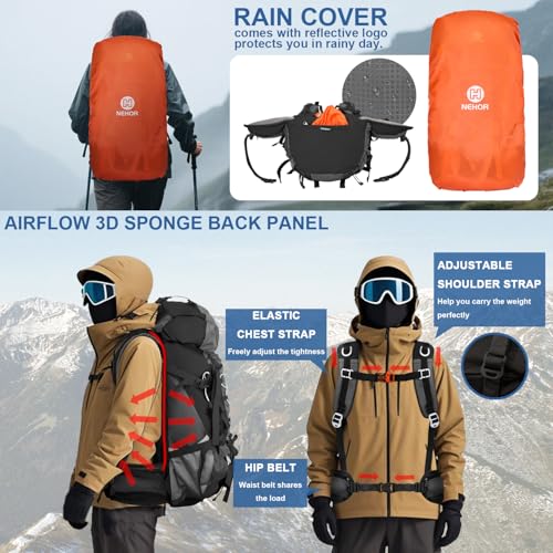 NEHOR 60L Hiking Backpack, Water Resistant Camping Backpack with Rain Cover, Large Lightweight Hiking Bag Outdoor Travel D...