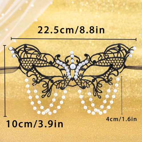 Flimire Pearl Masquerade Mask for Women Black Lace Masks Prom Costume Party Eye Mask Luxury Venetian Ball Mask