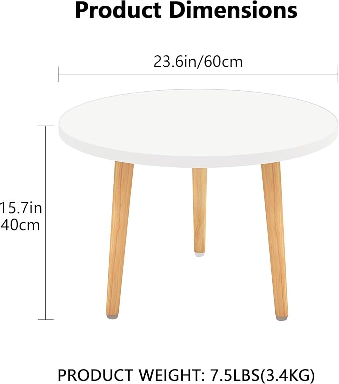 Funecy Round Coffee Table Low Table with 3 Solid Wood Sturdy Legs, Floor Table Desk for Sitting on The Floor, Storage and Living Room Furniture (White)