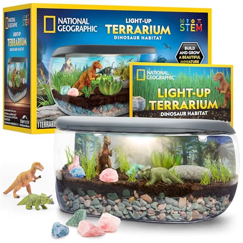 National Geographic Light Up Terrarium Kit for Kids - Build a Dinosaur Habitat with Real Plants & Gemstones, Science Kit, ...