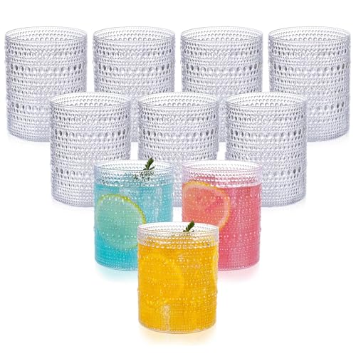 YOUBET 24PCS Plastic Hobnail Drinking Glasses - 14 Oz Clear Vintage Glasses Drinkware - Disposable Beaded Cups for Juice, ...