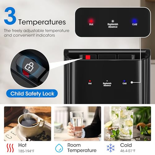 Tehanld Bottom Loading Water Cooler Dispenser for 5 Gallon Bottles,Stainless Steel Water Cooler with 3 Temperature -Hot, C...