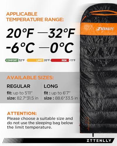 ZTTENLLY Down Sleeping Bag for Adults - Lightweight and Compact for Backpacking, Camping and Hiking - 550/600 FP, 0/20/30 ...