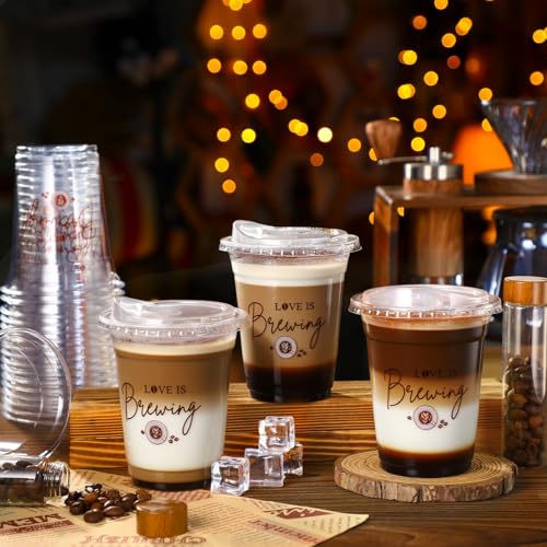 Willinglong 50 Pack Love Is Brewing Bridal Shower Cups Wedding Coffee Cups with Strawless Sip Lids 12 oz Love Is Brewing I...