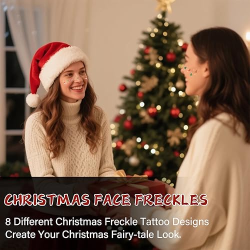 8 Pcs Christmas Face Temporary Tattoos, Ren Green and White Glitter Freckles Face Tattoo for Kids and Women, Waterproof Ch...