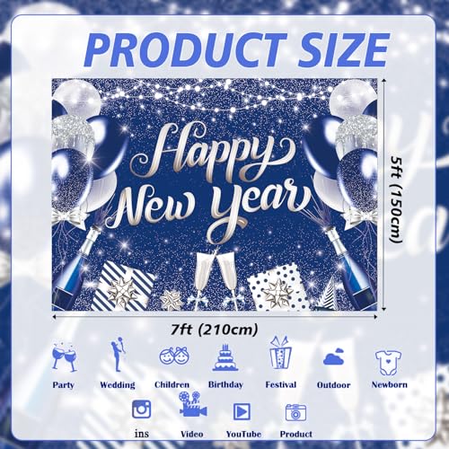 Happy New Year 2026 Backdrop Blue Silver Balloon New Year Photography Background Cheers to 2026 Holiday Party Banner Photo...