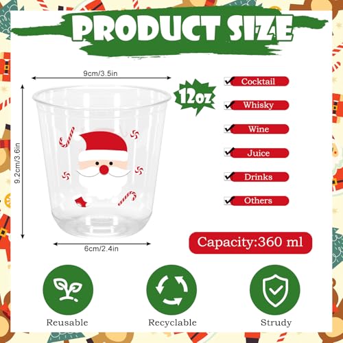 Whaline 60Pcs Christmas Plastic Cups 12 Oz Winter Snowman Gingerbread Man Santa Xmas tree Disposable Clear Stemless Wine C...