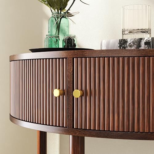 Half Moon Fluted Console Table for Narrow Entryway, Boho Wood Side Coffee Table with Storage, Accent Table for Small Spaces, Decorative Furniture for Living Room Hallway Foyer Entrance (Brown)